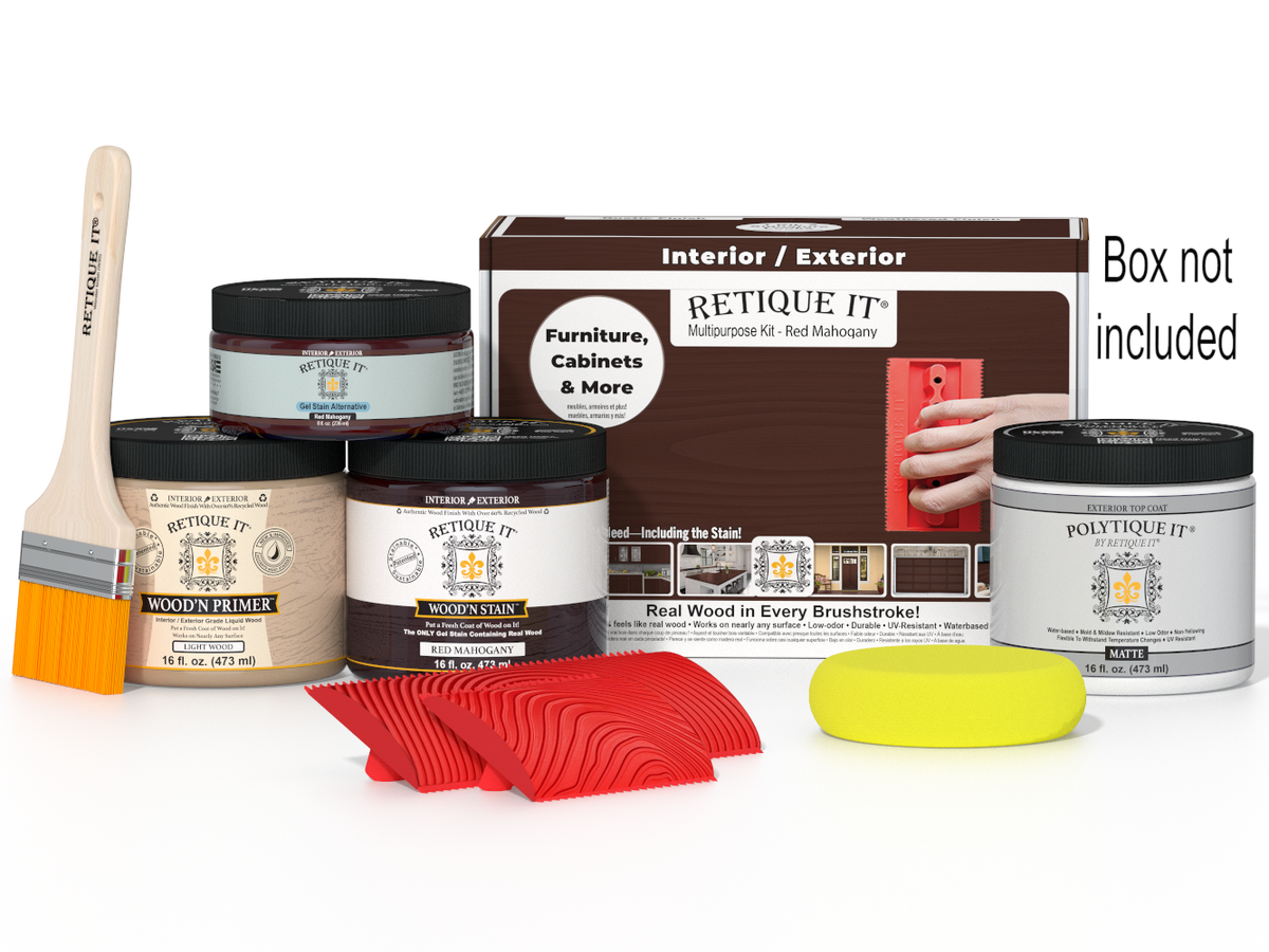Retique It Wood'n Finish Kit in Red Mahogany for exterior top coating, includes brushes and instructions in a compact box.