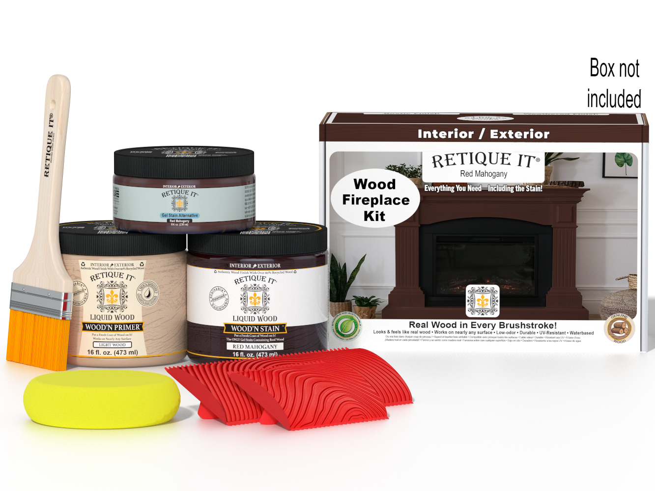 Retique It Fireplace Wood'n Finish Kit in Red Mahogany stain, full fireplace wood finishing kit with stain and applicator.