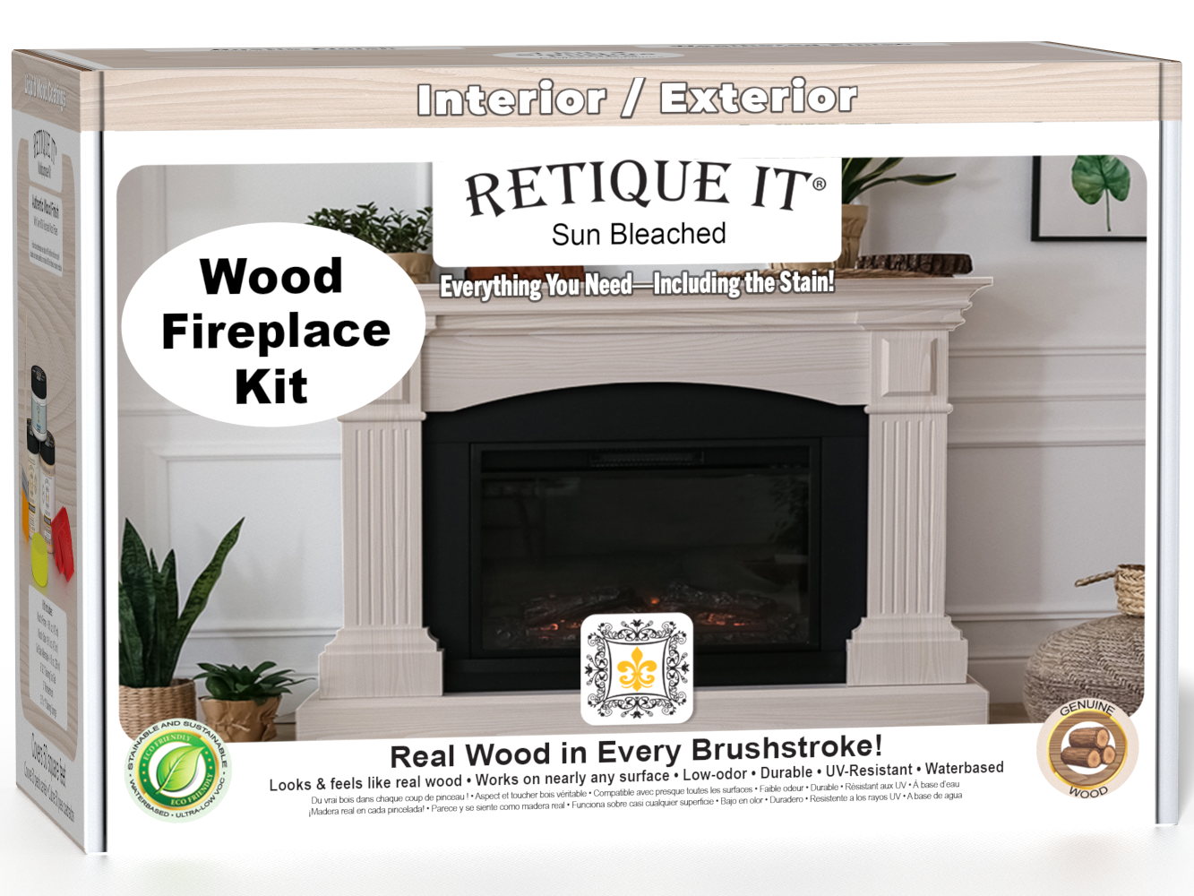 Retique It Fireplace Wood'n Finish Kit in Sun Bleached for full fireplace renovation, includes wood finish and application tools.