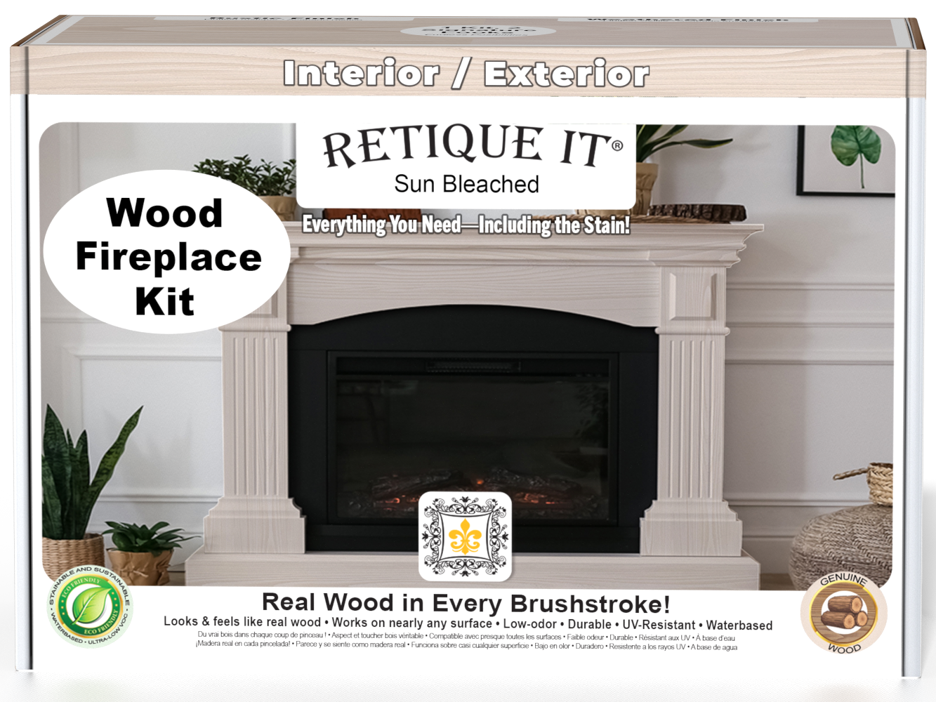 Retique It Wood'n Finish Kit for full fireplace in sun bleached finish, with wood grain details and application tools visible.