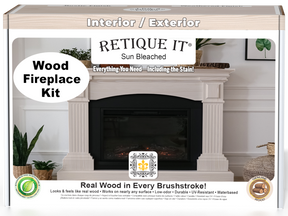 Retique It Wood'n Finish Kit for full fireplace in sun bleached finish, with wood grain details and application tools visible.