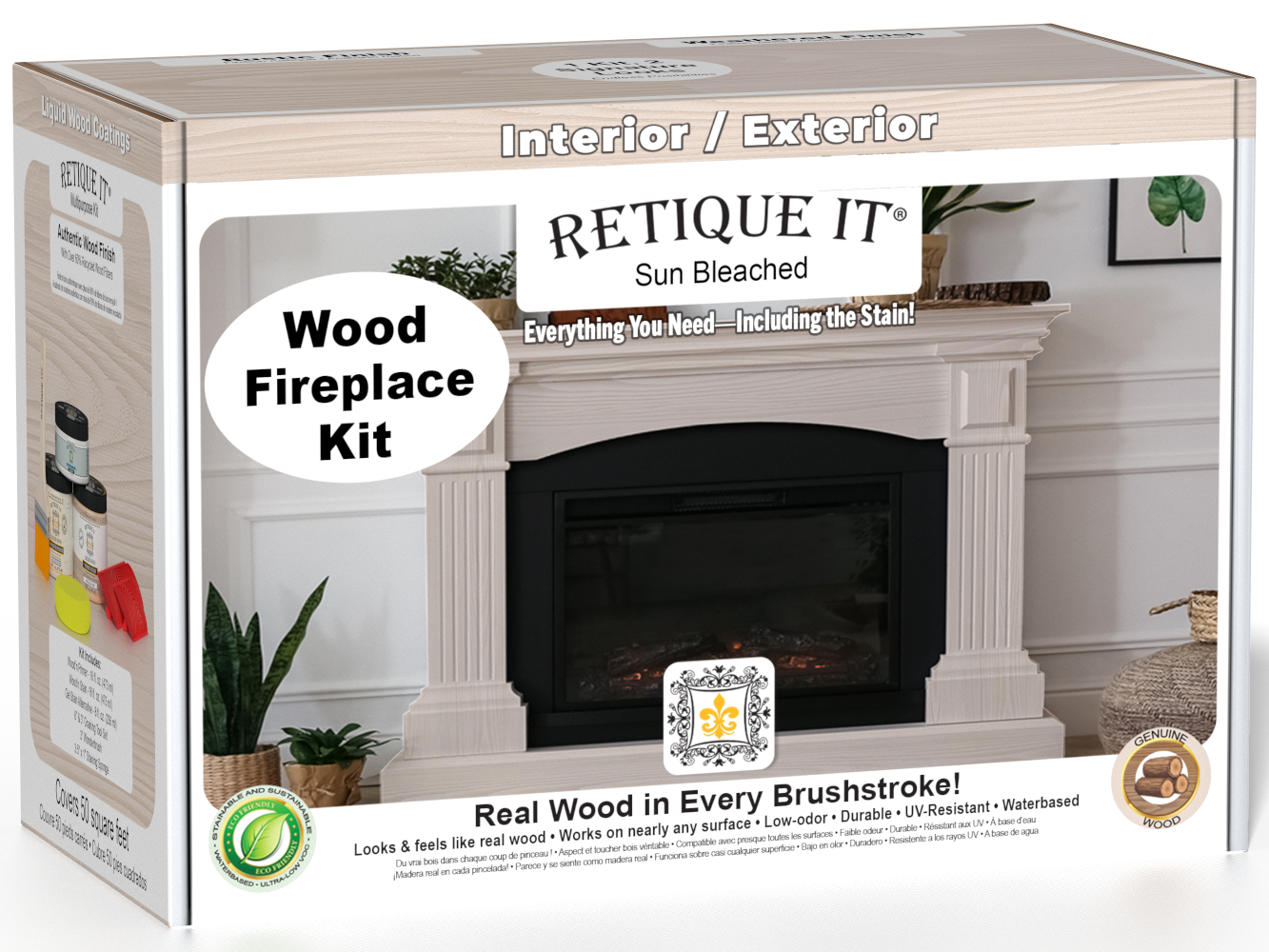 Retique It Fireplace Wood'n Finish Kit in Sun Bleached for full fireplace renovation, includes wood finish products and tools.
