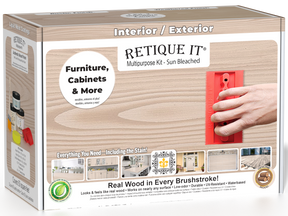 Sun-bleached Multi-purpose Wood'n Kit (Med) by Retique It® for interior top coating, featuring wood finish products in a box.