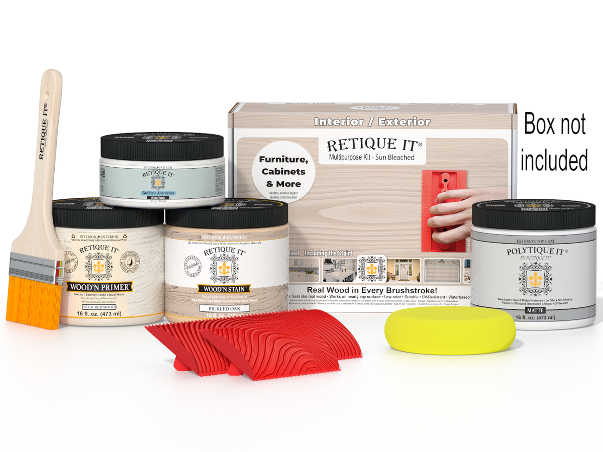 Retique It Wood'n Finish Kit with dark walnut stain, includes brushes and applicators, for wood finishing projects.