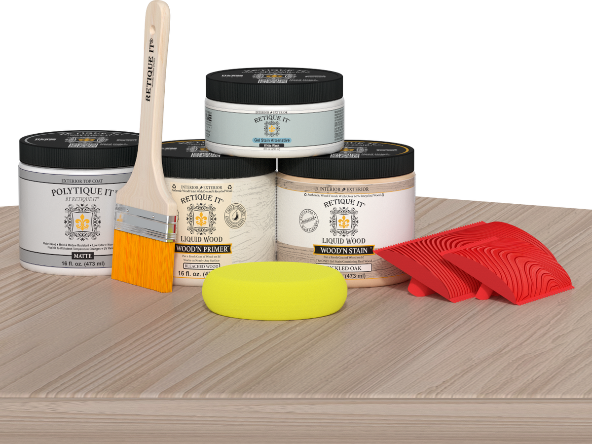 Sun-bleached Multi-purpose Wood'n Kit by Retique It with exterior top coat, displayed on a table for wood finishing projects.