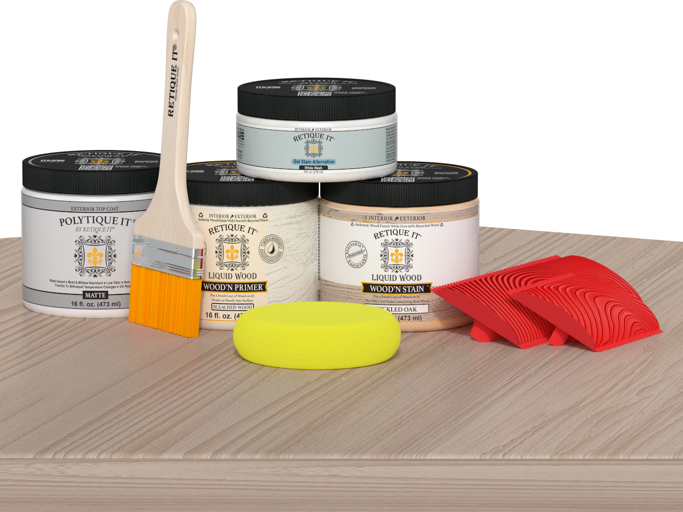 Sun-bleached Multi-purpose Wood'n Kit by Retique It® with exterior top coat, displayed on a table for wood finishing projects.