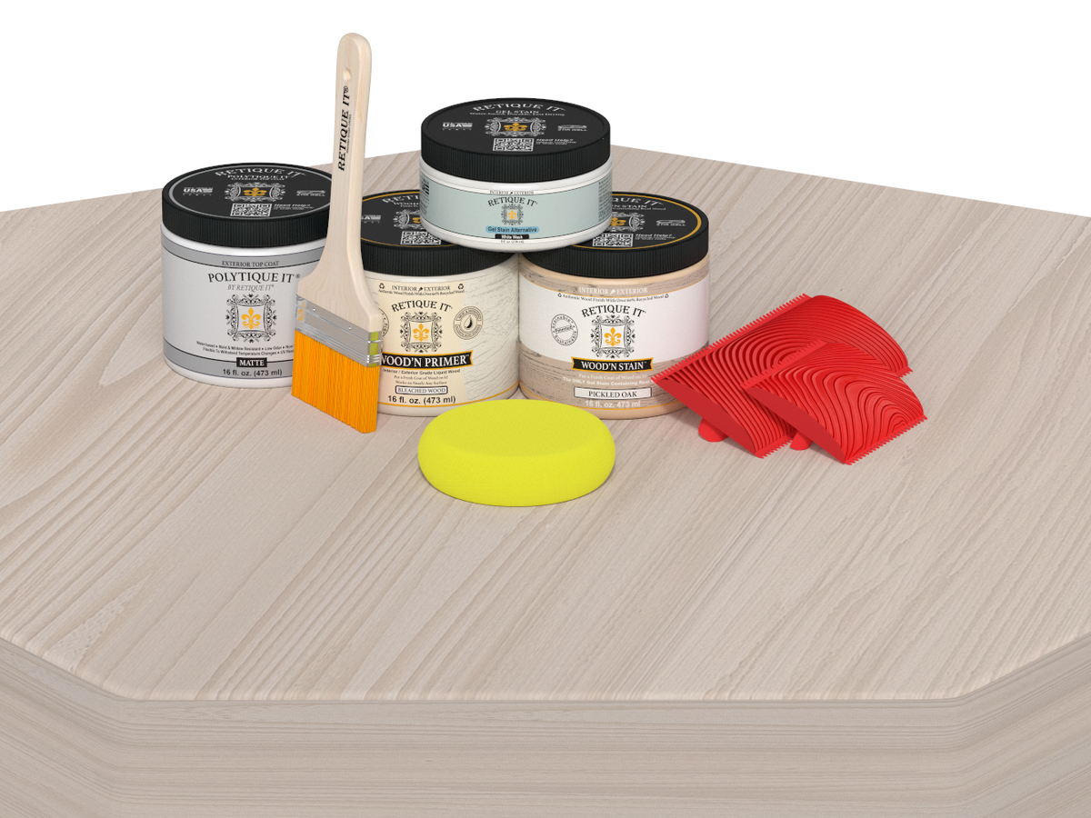 Retique It Wood'n Finish Kit WNK16-SBCH-PLTQM table with wood finish application showing natural wood grain and finish details.