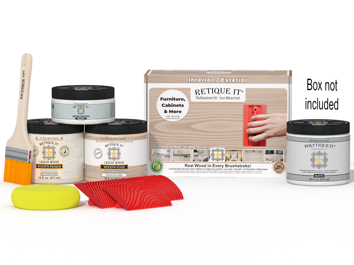 Sun bleached Multi-purpose Wood'n Kit by Retique It for exterior wood finishing, includes top coat and application tools.