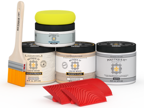 Med-sized Sun Bleached Wood'n Finish Kit by Retique It® for exterior wood top coating, includes applicator tools and finish components.
