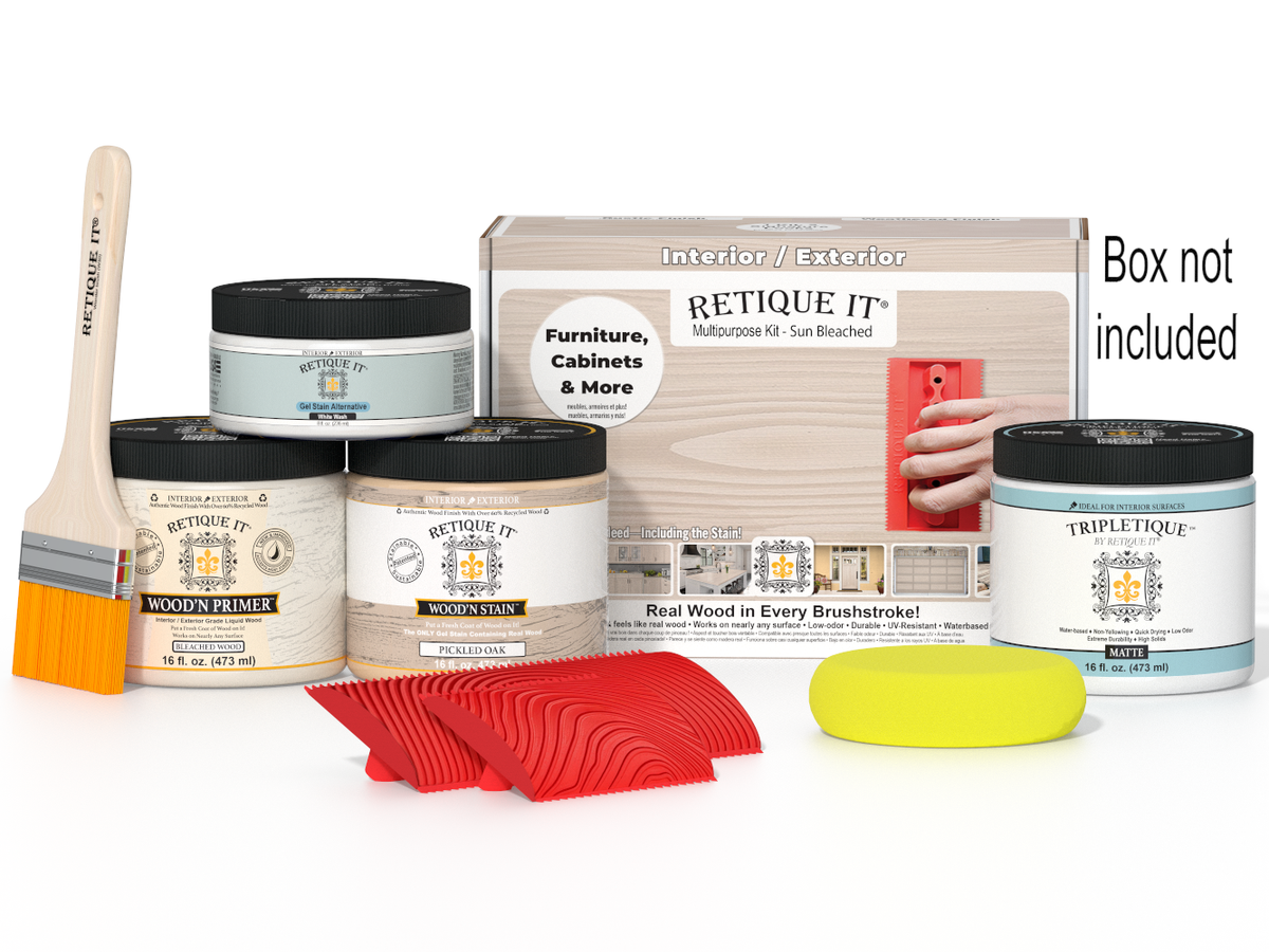 Retique It Wood'n Finish Kit in BoxBNI with wood sample and finishing products for furniture restoration.