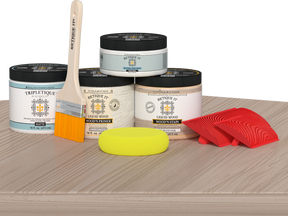 Sun bleached wood finish kit for kitchen island countertop by Retique It® Wood'n Finish Kits, shown on a kitchen island surface.