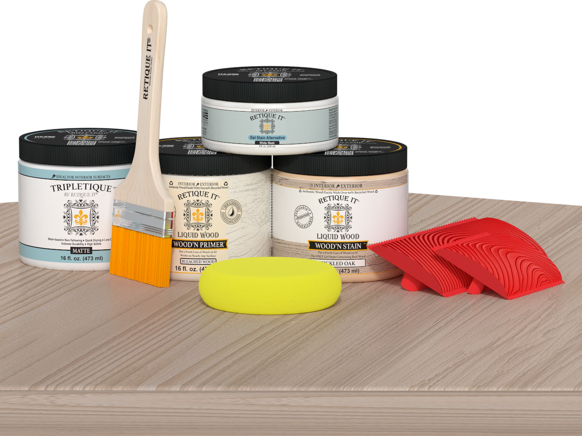 Sun-bleached Mid-sized Wood'n Finish Kit by Retique It for interior top coating, featuring wood finish tools on a table.