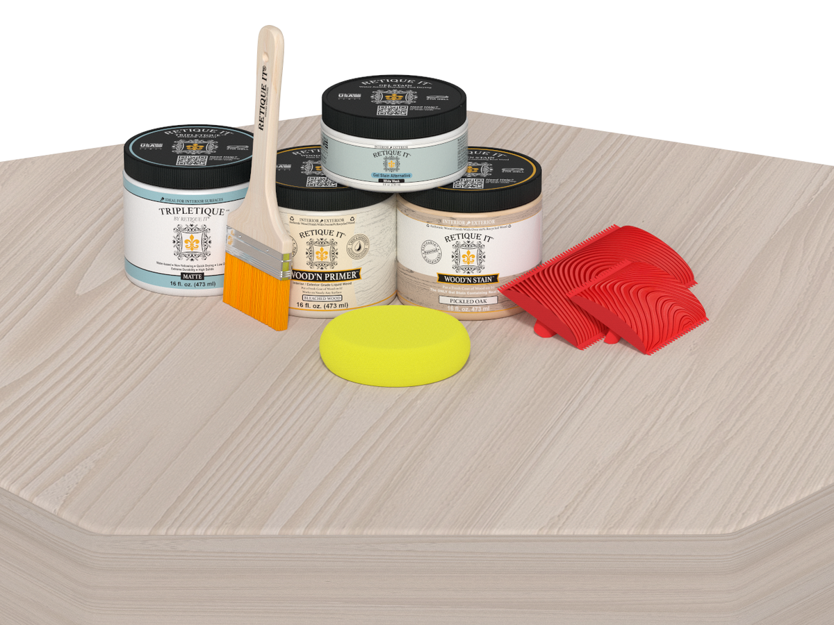Retique It Wood'n Finish Kit in a sleek table image, showcasing the kit's application on a wooden surface for furniture finishing.
