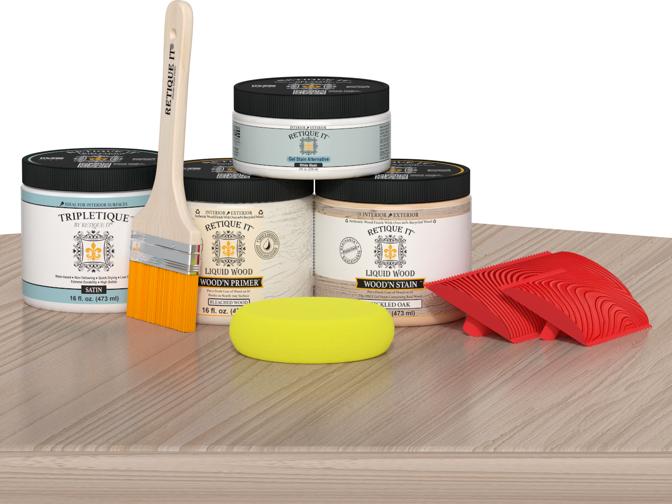 Sun-bleached wood countertop kit from Retique It® for kitchen islands, showing wood finish application on a modern kitchen island surface.
