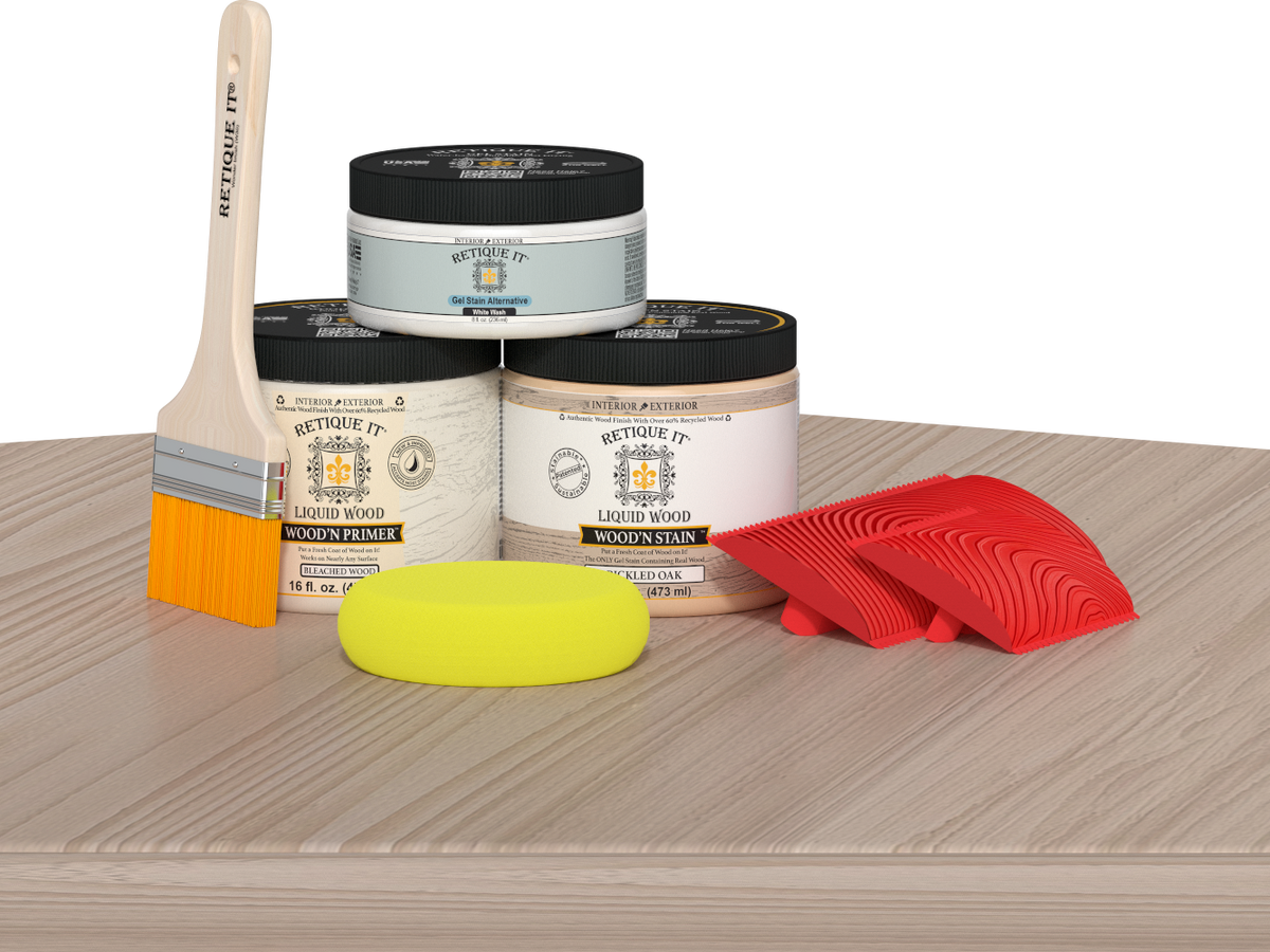 Sun-bleached Retique It Wood'n Finish Kit in medium size displayed on table for multi-purpose wood finishing projects.