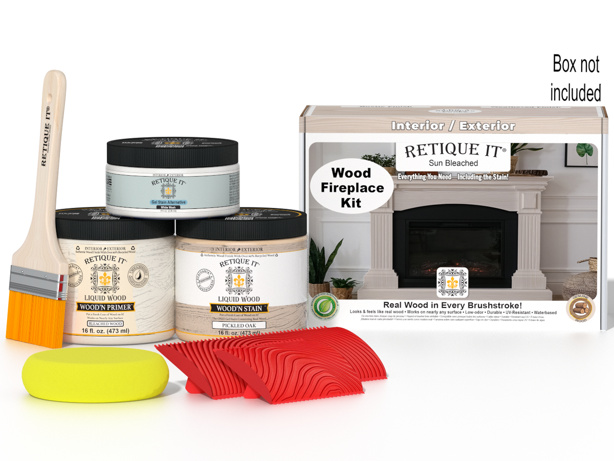 Retique It® Wood'n Finish Kit for full fireplace in Sun Bleached, includes wood stain and finishing tools, with packaging box visible.