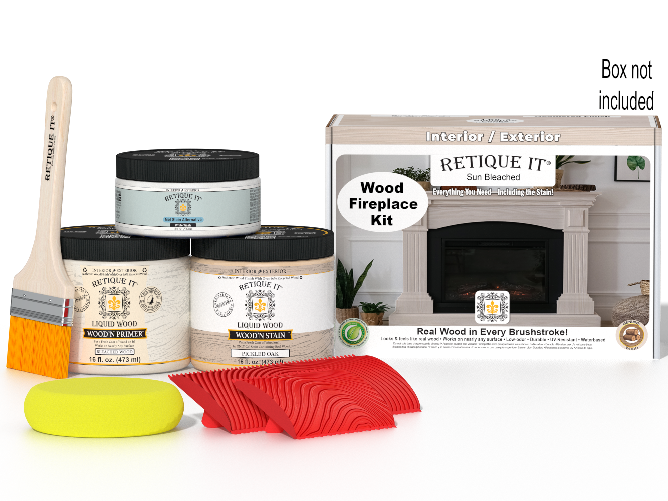 Retique It Wood'n Finish Kit for full fireplace in Sun Bleached, includes wood stain and finishing tools, with packaging box visible.