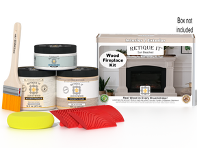 Retique It Wood'n Finish Kit for full fireplace in Sun Bleached, includes wood stain and finishing tools, with packaging box visible.