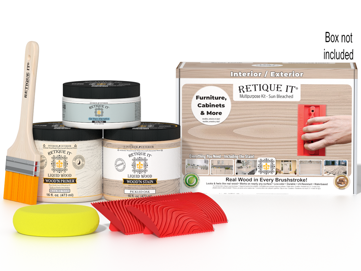 Sun-bleached Multi-purpose Wood'n Kit by Retique It for finishing and staining wood surfaces, includes all necessary tools and materials.