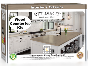 Weathered wood kitchen island countertop kit from Retique It® featuring stain options, shown in a 3D box view.