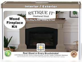 Retique It® Fireplace Wood'n Finish Kit with Weathered Wood stain, showing the full fireplace with wood finish application.