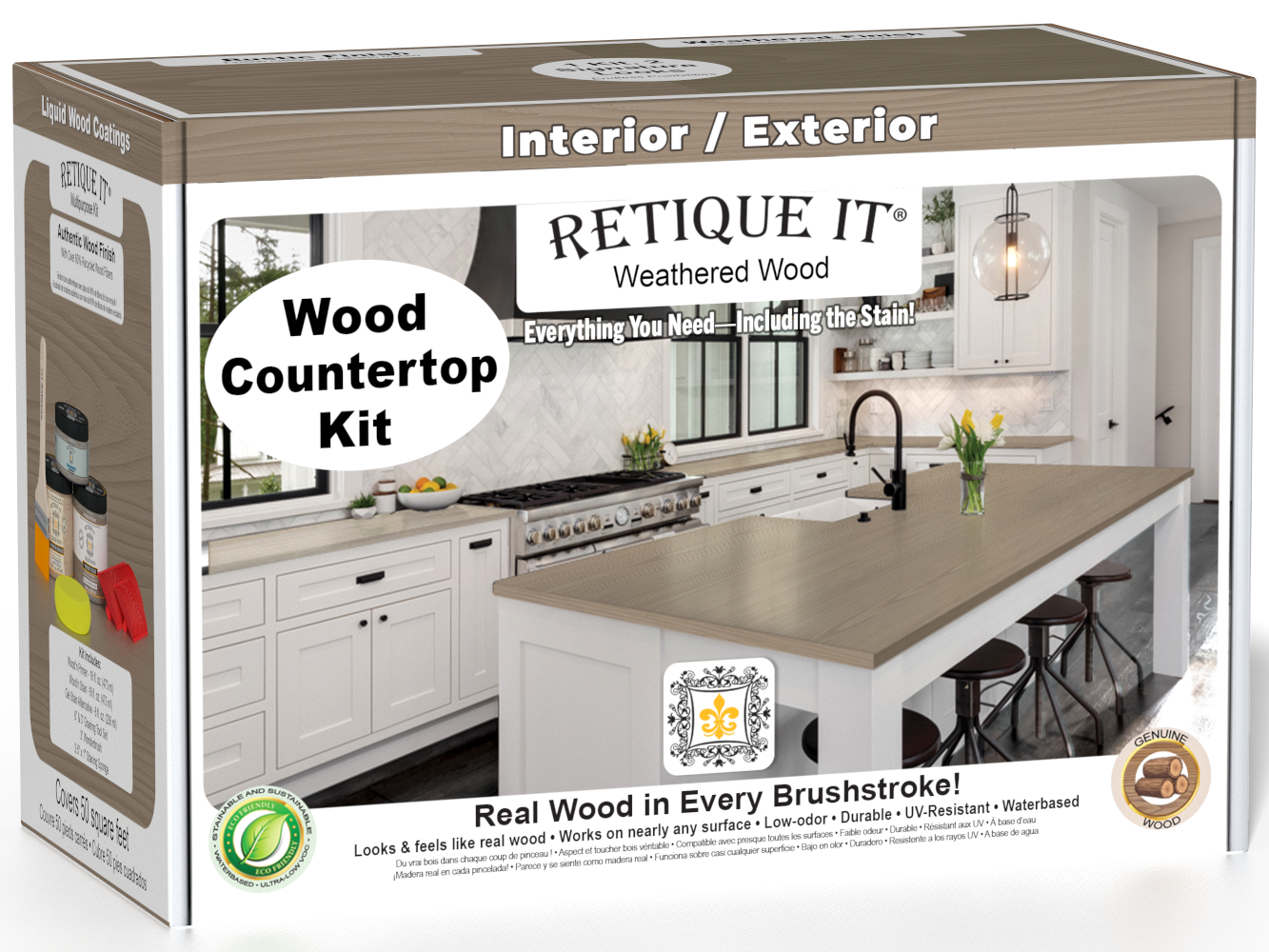 Weathered wood countertop kit from Retique It® for kitchen islands, featuring stain application in a natural weathered wood finish.