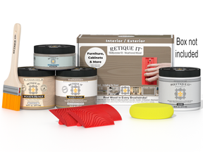 Retique It® Wood'n Finish Kit in Weathered Wood, exterior top coat with applicator brush and wood sample for multi-purpose wood finishing.