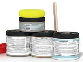 Back view of Retique It® Wood'n Kit (Med), Weathered Wood interior top coat, showing container and application tools.