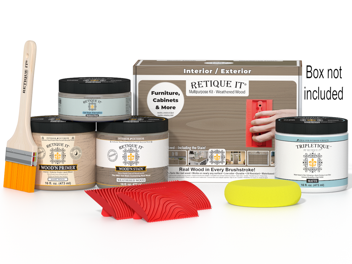 Retique It Wood'n Finish Kit in Weathered Wood, interior top coat for multi-purpose wood finishing projects, shown in box.