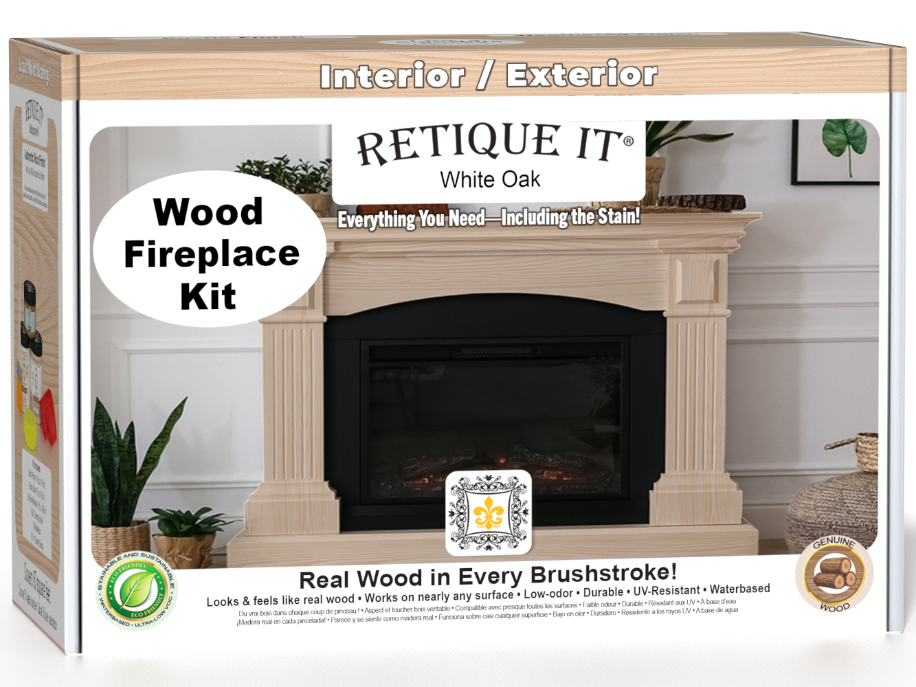 Retique It Fireplace Wood'n Finish Kit in White Oak stain, featuring a full fireplace with wood finish options.