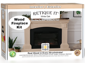 Retique It Fireplace Wood'n Finish Kit in White Oak stain, featuring a full fireplace with wood finish options.