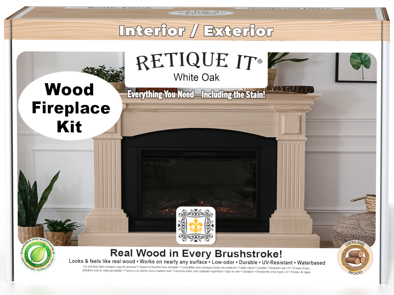Retique It Fireplace Wood'n Finish Kit in White Oak stain, showing a full fireplace with wood grain and finish details.