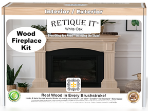 Retique It Fireplace Wood'n Finish Kit in White Oak stain, showing a full fireplace with wood grain and finish details.