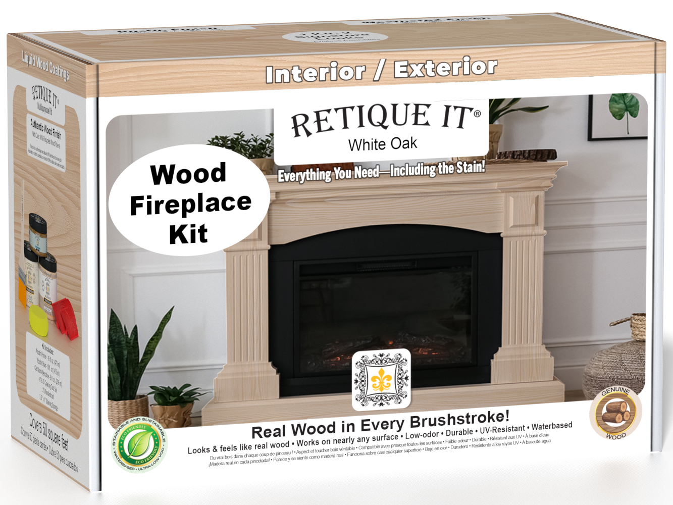 Retique It Fireplace Wood'n Finish Kit in White Oak stain, featuring wood stain and finishing supplies for full fireplace projects.