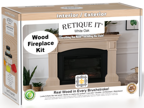 Retique It Fireplace Wood'n Finish Kit in White Oak stain, featuring wood stain and finishing supplies for full fireplace projects.