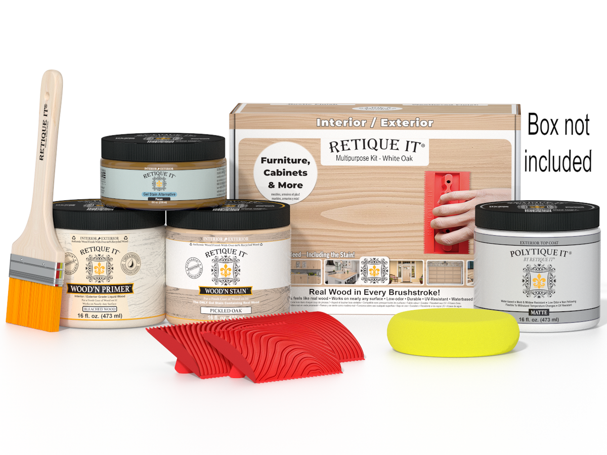 Retique It Wood'n Finish Kit in Oak, includes finishing supplies, shown in a box with wood stain and tools for furniture finishing.