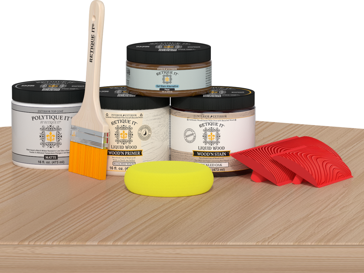 Retique It Wood'n Finish Kit in White Oak for exterior top coating, featuring applicator and wood sample on a table.