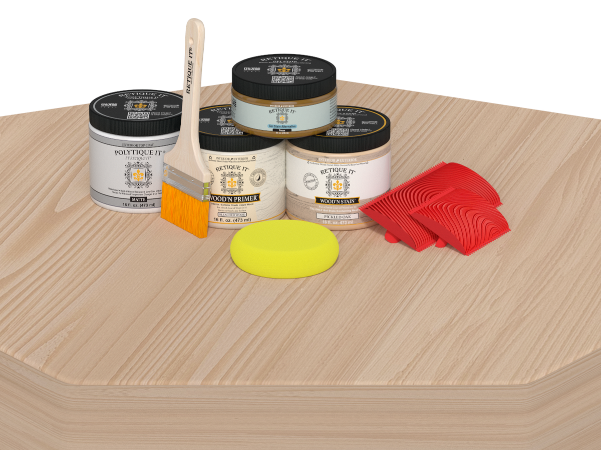 Retique It Wood'n Finish Kit WNK16-WOAK-PLTQM table with a natural oak wood finish, showcasing the product's wood grain and finishing details.