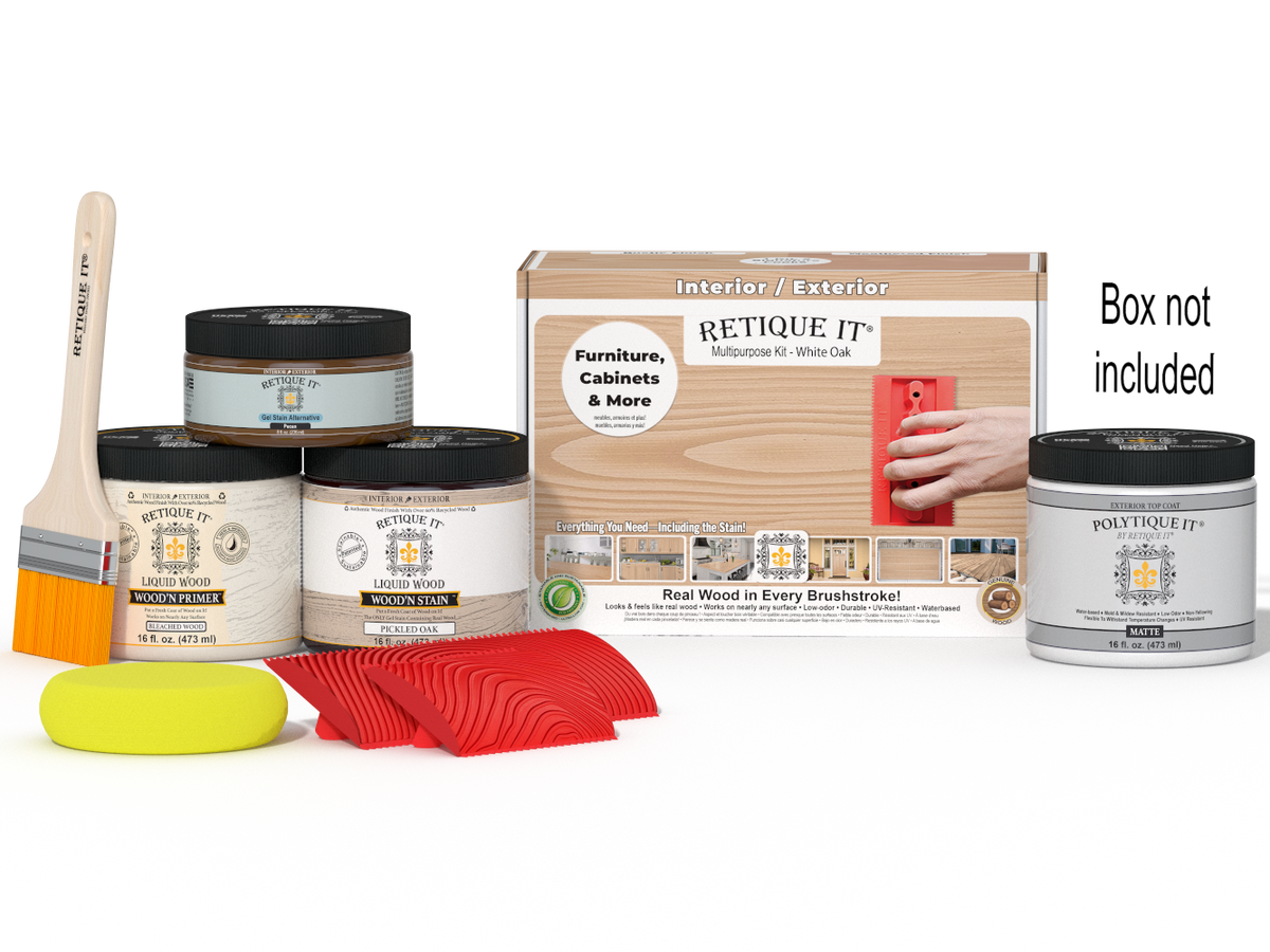 Retique It Wood'n Kit in white oak finish with a wooden top coat, designed for exterior wood projects, shown with application tools.