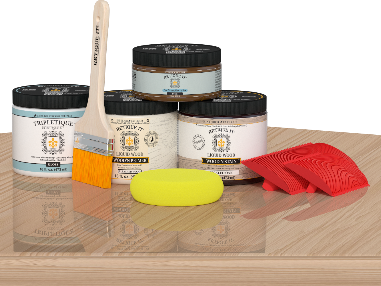 Retique It® Wood'n Kit Medium White Oak interior top coat on table, showcasing wood finish kit with applicator tools and sample wood surface.
