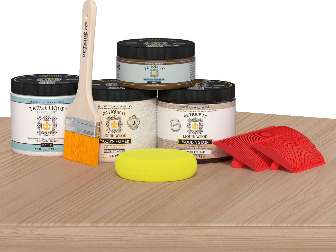Retique It® Wood'n Finish Kit in White Oak for tabletops, featuring stain bottles and applicator for wood finishing projects