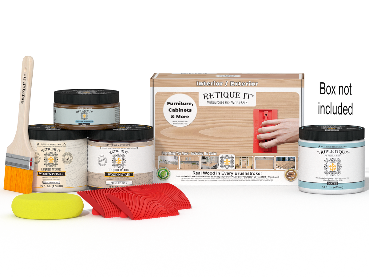 Retique It Wood'n Kit in White Oak for interior top coat, featuring a multi-purpose finish set with applicator tools and wood sample.