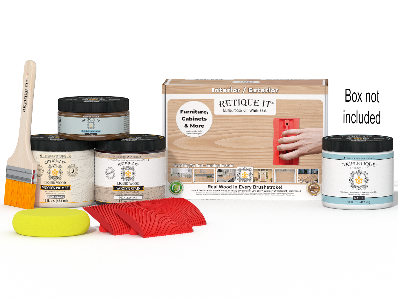 Retique It® Wood'n Kit in White Oak for interior top coat, featuring a multi-purpose finish set with applicator tools and wood sample.