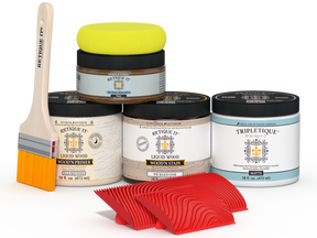 Retique It® Wood'n Finish Kit for tabletops in white oak stain, shown with stain bottles and application tools.