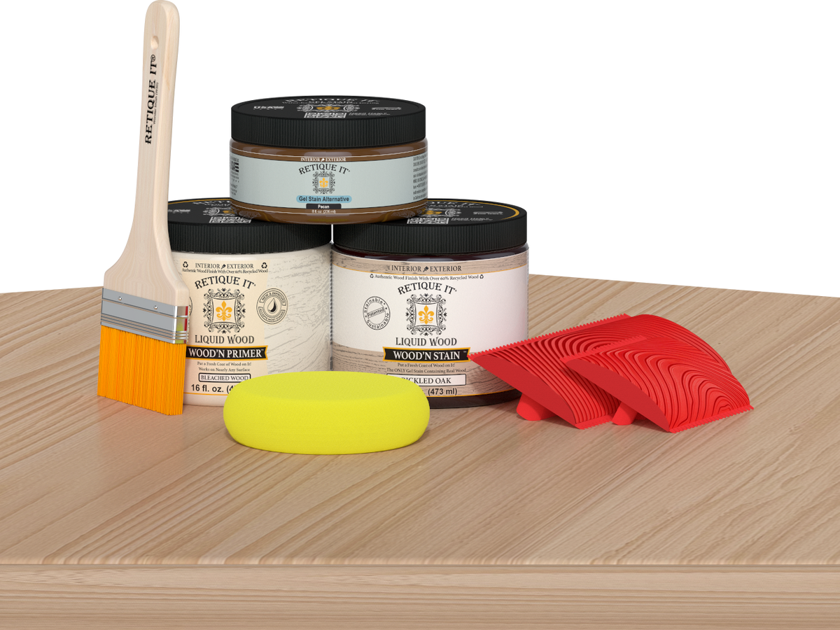 Retique It Wood'n Finish Kit in White Oak on a table, showing the multi-purpose wood finish kit for furniture and woodworking projects.