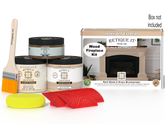 Retique It Fireplace Wood'n Finish Kit in White Oak stain, showing a full fireplace with wood finish application and tools.