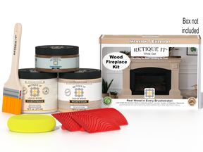 Retique It Fireplace Wood'n Finish Kit in White Oak stain, showing a full fireplace with wood finish application and tools.