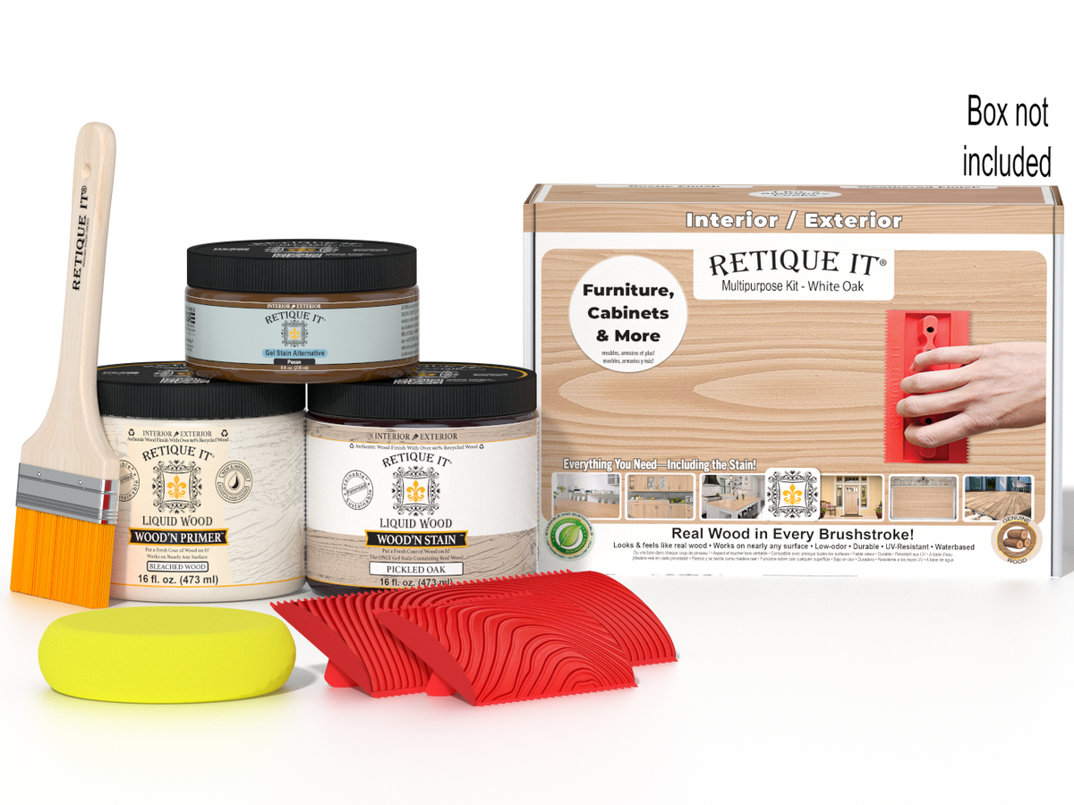 Multi-purpose Wood'n Kit in White Oak by Retique It for wood finishing, featuring a box with various tools and products.