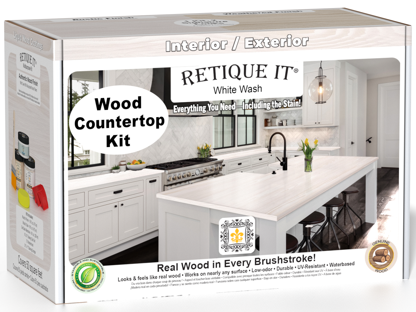 Retique It® white wash countertop kit for kitchen island with stain finish, showcasing the textured, natural wood grain appearance.
