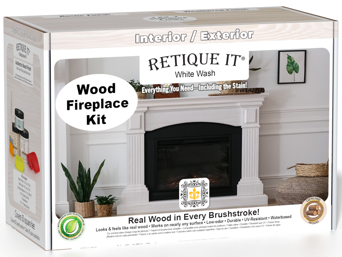 Retique It Fireplace Wood'n Finish Kit in White Wash stain showing the full fireplace with a natural wood finish appearance.